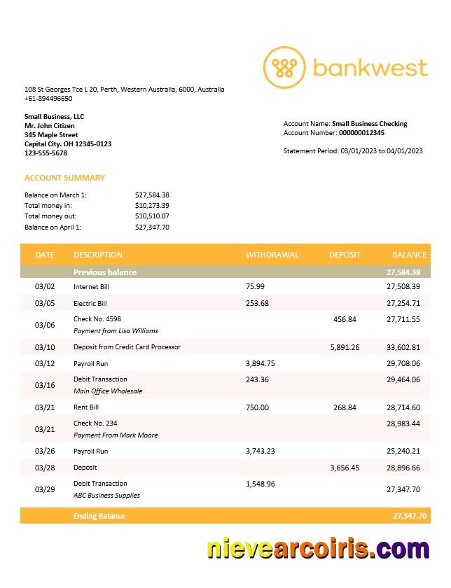 Bankwest business bank statement